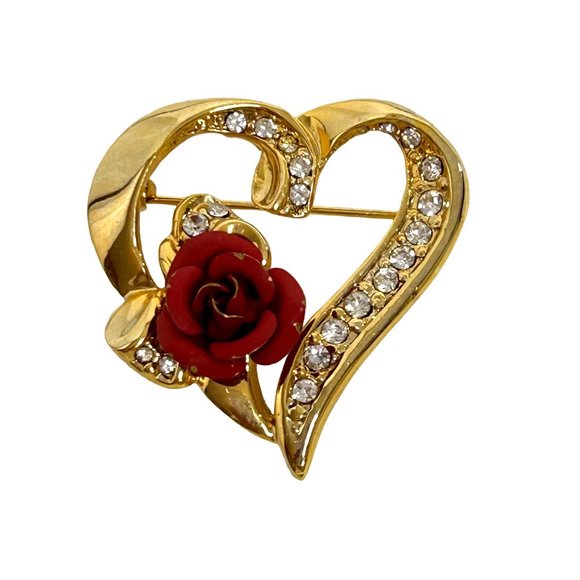 Heart Brooch Pin Gold Tone Red Ceramic Rose Clear Rhinestones Shiny Roll Tab Arm - Picture 9 of 13